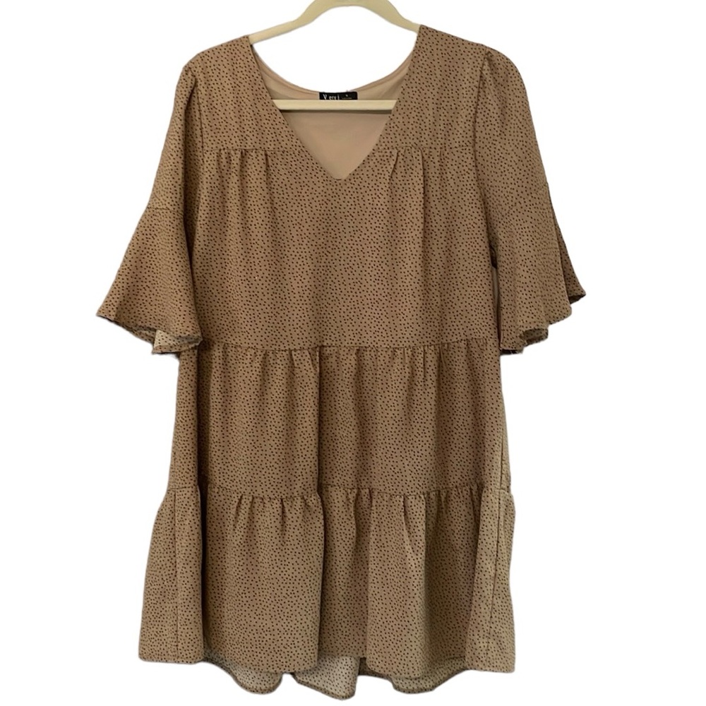 V ery J Brown Dress Taupe Polka Dot Sz M Medium Peasant Tier Boho Layers Flowy